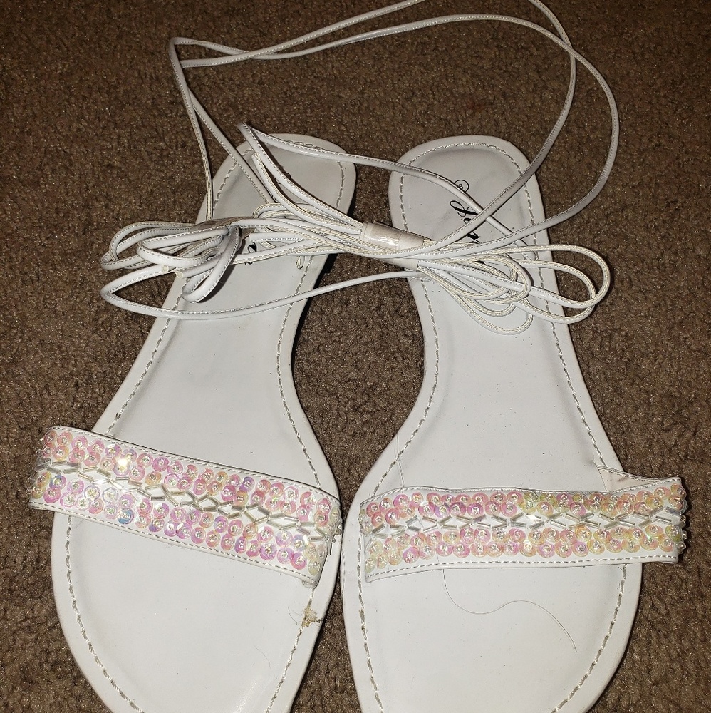 White beaded and sequined ankle wrap sandals